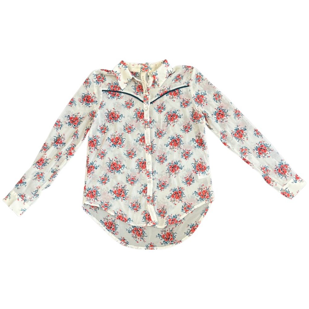 Robin K - Cream/Pink/Blue Western Floral Button Down - Size M